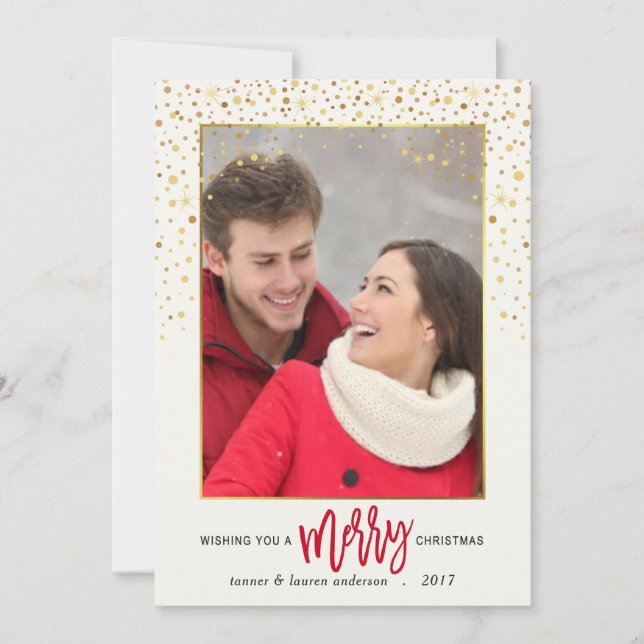 Merry Christmas Confetti Holiday Photo Flat Card (Front)