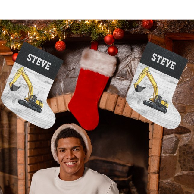 Merry Christmas Construction Excavator Name Men Large Christmas Stocking (Cool one of a kind excavator Christmas stocking.)