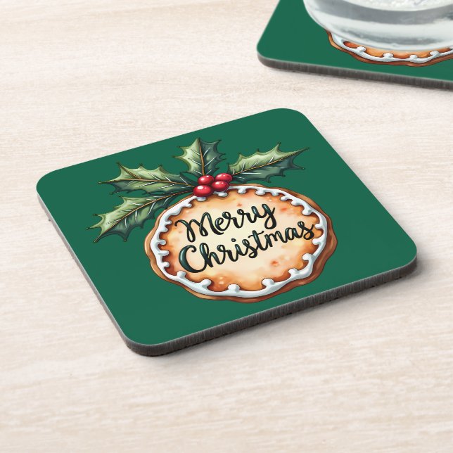 Merry Christmas Cookie with Holly Berries Beverage Coaster (Left Side)
