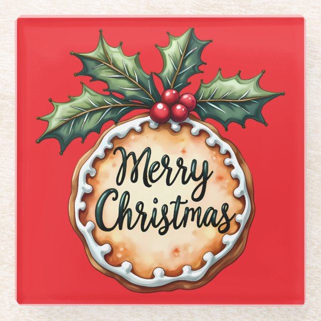 Merry Christmas Cookie with Holly Berries Glass Coaster (Front)