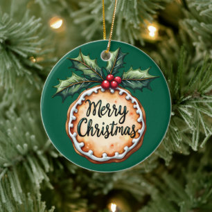 Merry Christmas Cookie with Holly Berries Green Ceramic Ornament