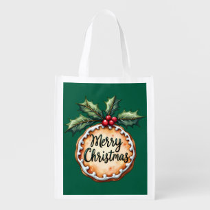 Merry Christmas Cookie with Holly Berries Green Grocery Bag
