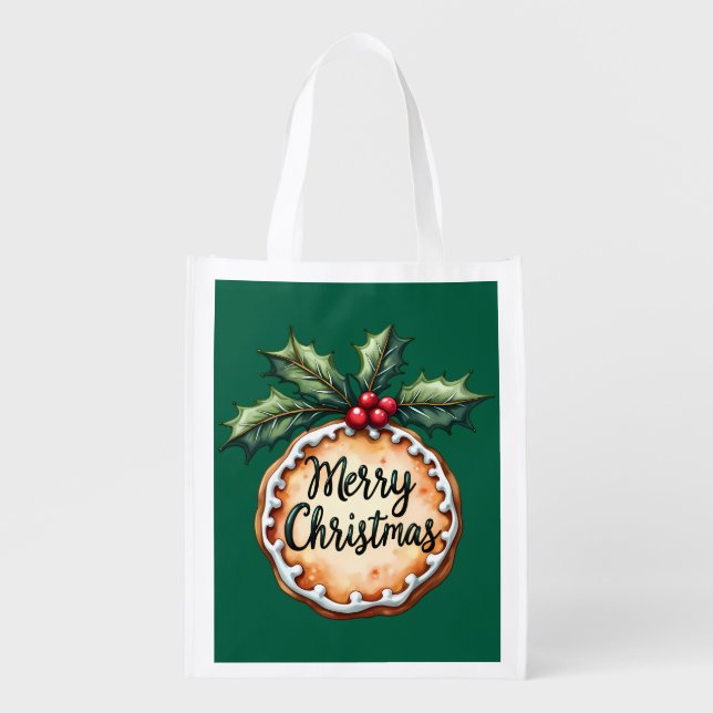 Merry Christmas Cookie with Holly Berries Green Grocery Bag (Front)
