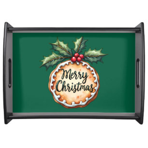 Merry Christmas Cookie with Holly Berries Green Serving Tray