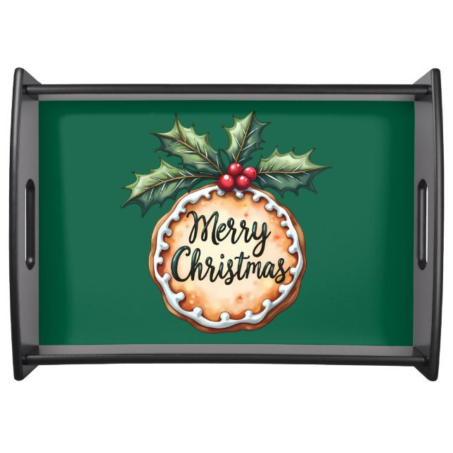 Merry Christmas Cookie with Holly Berries Green Serving Tray (Front)