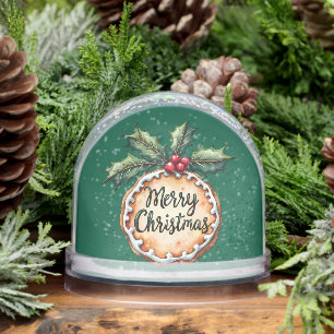 Merry Christmas Cookie with Holly Berries Green Snow Globe