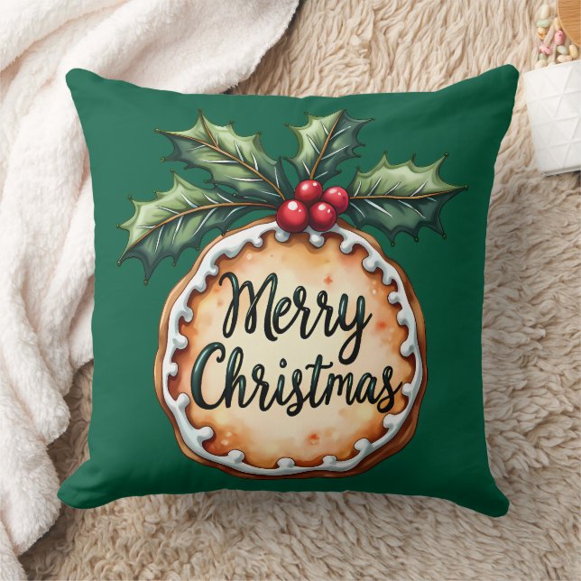 Merry Christmas Cookie with Holly Berries Green Throw Pillow (Blanket)