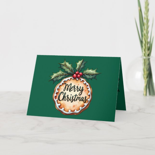 Merry Christmas Cookie with Holly Berries Holiday Card (Front)