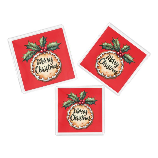 Merry Christmas Cookie with Holly Berries Red Acrylic Tray (Set)