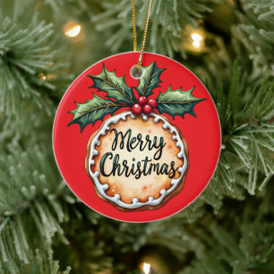 Merry Christmas Cookie with Holly Berries Red Ceramic Ornament