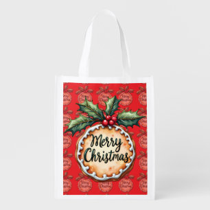 Merry Christmas Cookie with Holly Berries Red Grocery Bag