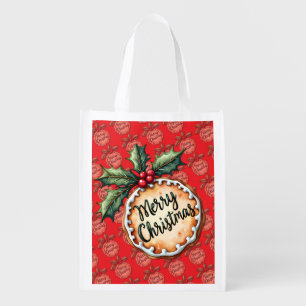 Merry Christmas Cookie with Holly Berries Red Grocery Bag