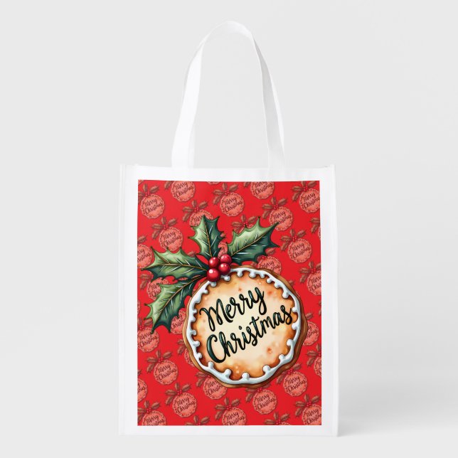 Merry Christmas Cookie with Holly Berries Red Grocery Bag (Front)