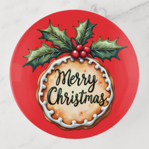 Merry Christmas Cookie with Holly Berries Trinket Tray