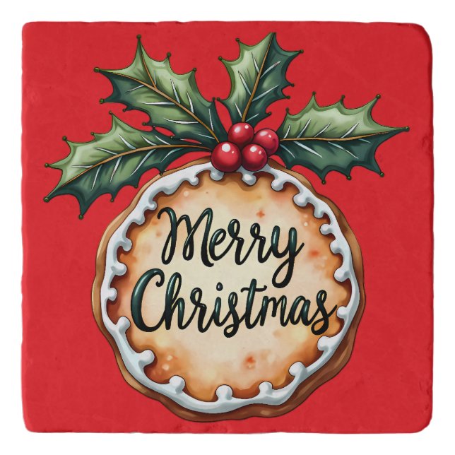 Merry Christmas Cookie with Holly Berries Trivet (Front)