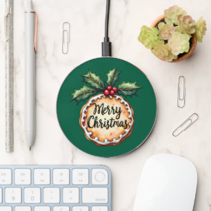 Merry Christmas Cookie with Holly Berries Wireless Charger