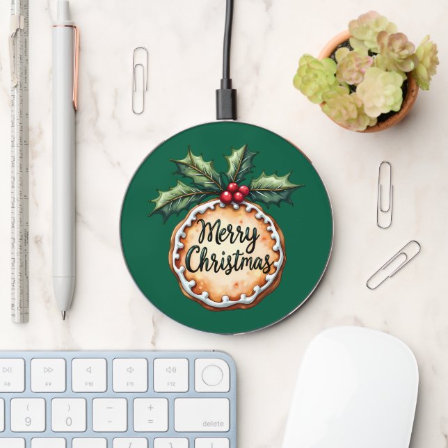 Merry Christmas Cookie with Holly Berries Wireless Charger (Desk)