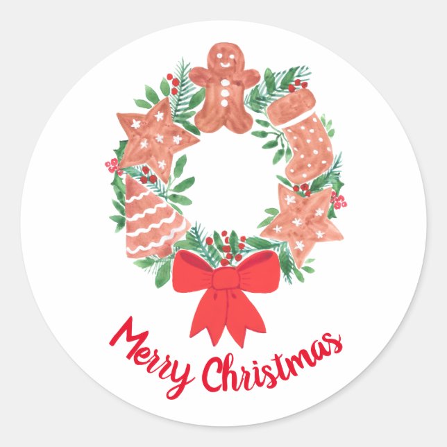Merry Christmas Cookie Wreath Classic Round Sticker (Front)
