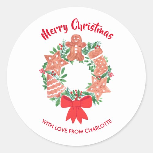 Merry Christmas Cookie Wreath Custom Name Classic Round Sticker