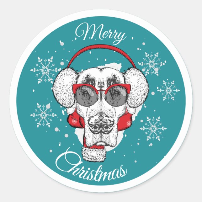 Merry Christmas cool dog Classic Round Sticker (Front)