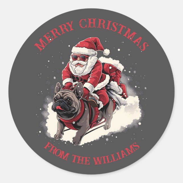 Merry Christmas Cool Santa Claus French Bulldog Classic Round Sticker (Front)