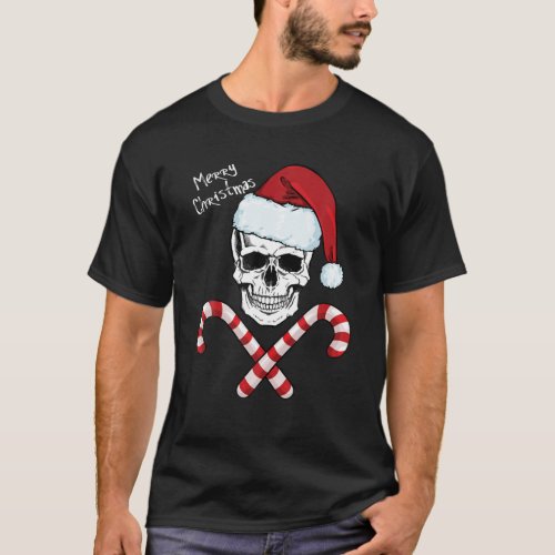 Merry Christmas Cool Skeleton Skull Hat Santa Cand T_Shirt