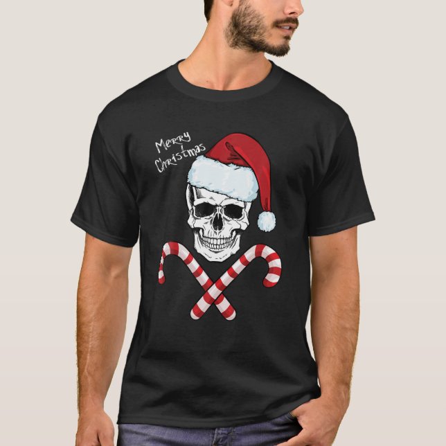 Merry Christmas Cool Skeleton Skull Hat Santa Cand T-Shirt (Front)