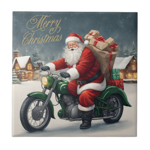 Merry Christmas Cool Vintage Santa on Motorcycle Ceramic Tile