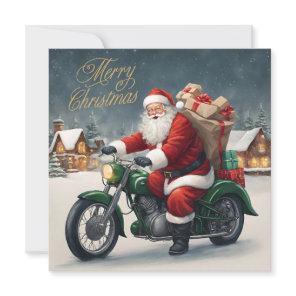 Merry Christmas Cool Vintage Santa on Motorcycle Holiday Card
