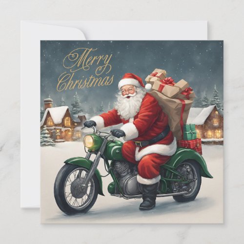 Merry Christmas Cool Vintage Santa on Motorcycle Holiday Card