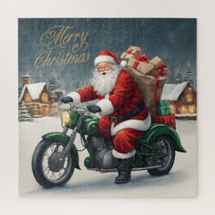 Merry Christmas Cool Vintage Santa on Motorcycle Jigsaw Puzzle