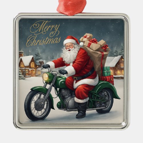 Merry Christmas Cool Vintage Santa on Motorcycle Metal Ornament