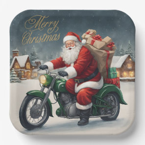 Merry Christmas Cool Vintage Santa on Motorcycle Paper Plates