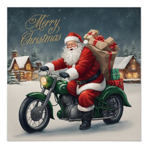 Merry Christmas Cool Vintage Santa on Motorcycle Poster