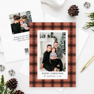 Merry Christmas Copper and Rose Gold Plaid Photo Foil Holiday Card