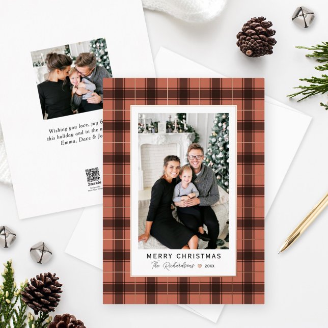 Merry Christmas Copper and Rose Gold Plaid Photo Foil Holiday Card (Creator Uploaded)