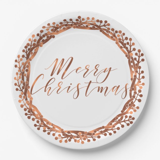 Merry Christmas copper-look berry wreath design Paper Plates (Front)