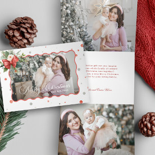 Merry Christmas Coquette Bow, Ribbon Frame 1 Photo Tri-Fold Holiday Card