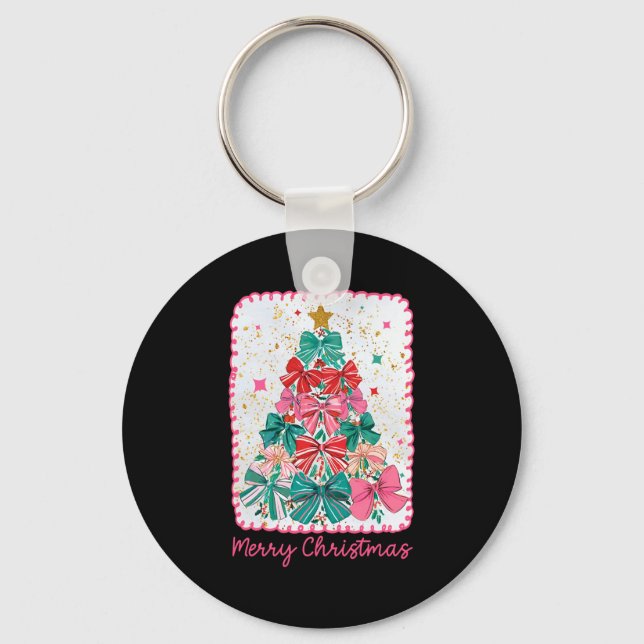Merry Christmas Coquette Bow Xmas Tree Holiday Gir Keychain (Front)