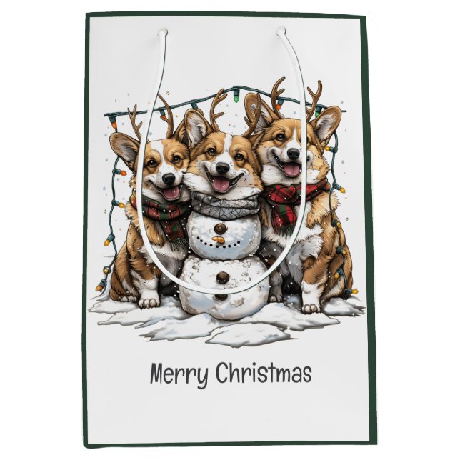 Merry Christmas Corgi Dogs Snowman Medium Gift Bag (Front)