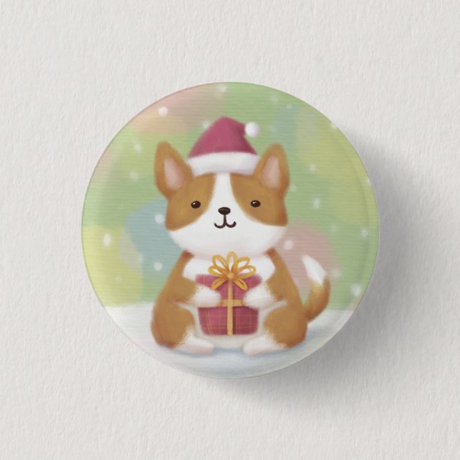 Merry Christmas: Corgi Illustration Art Button (Front)