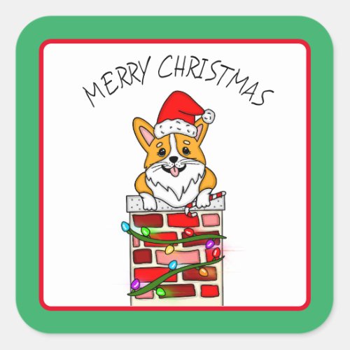 Merry Christmas Corgi in Chimney with Lights Square Sticker