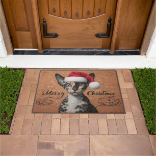 Merry Christmas Cornish rex Cat, Xmas Santa Kitty Doormat