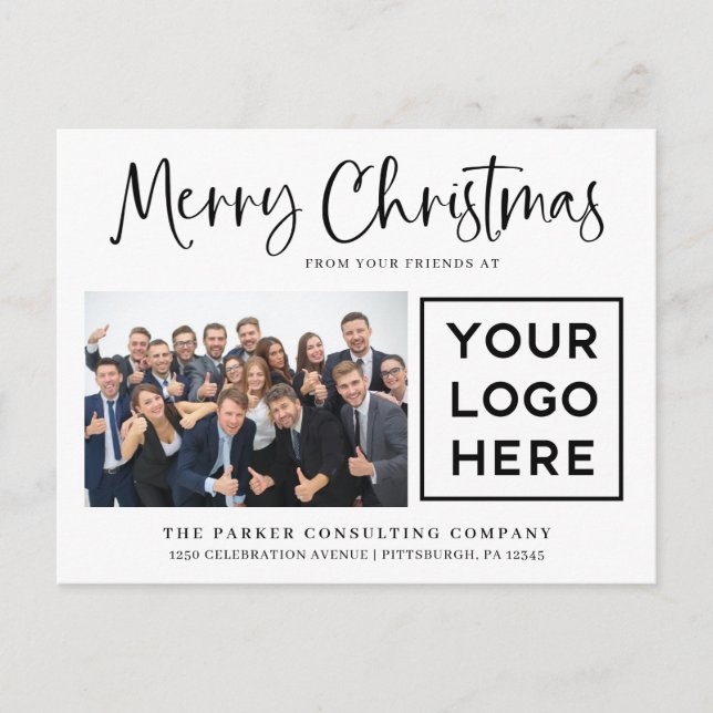 Merry Christmas | Corporate Photo and Your Logo Holiday Postcard (Front)