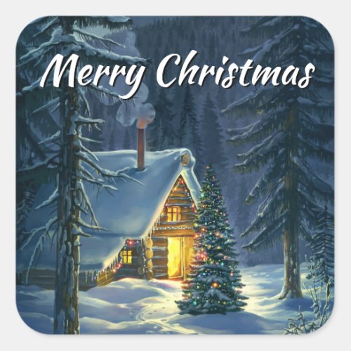 Merry Christmas Cottage Square Stickers