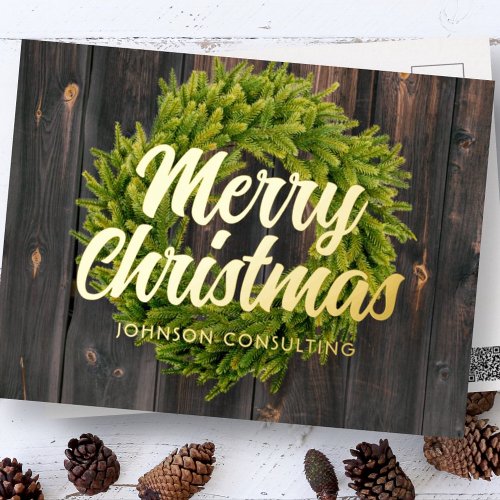 Merry Christmas Country Rustic Pine Wreath on Wood Foil Holiday Postcard