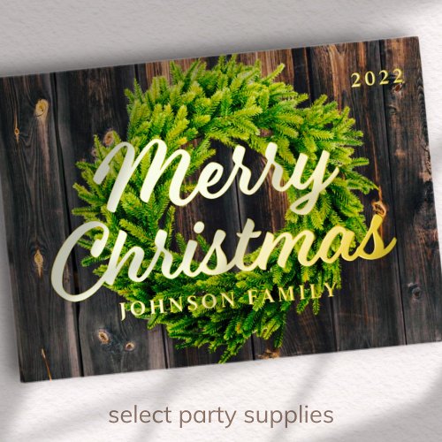 Merry Christmas Country Rustic Pine Wreath Wood Foil Holiday Card