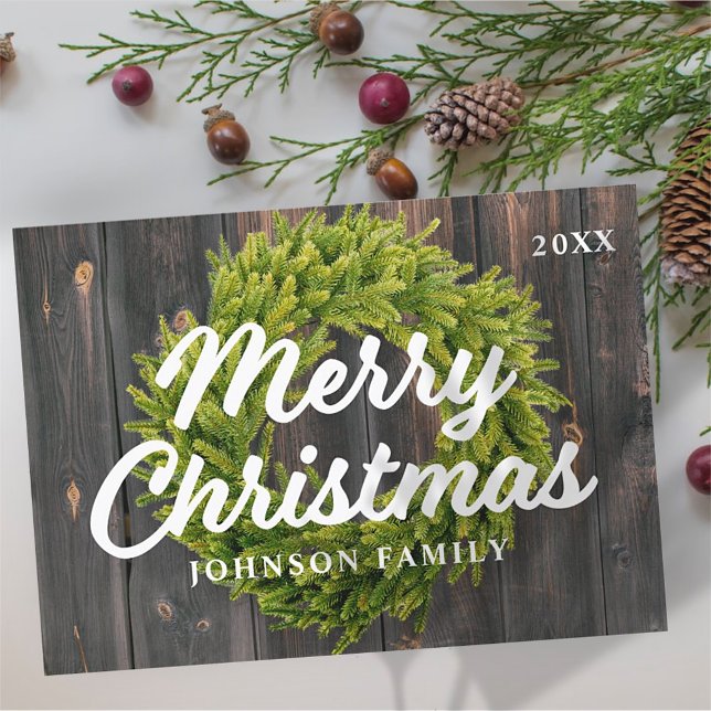 Merry Christmas Country Rustic Pine Wreath Wood Holiday Card (Creator Uploaded)