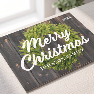 Merry Christmas Country Rustic Pine Wreath Wood Holiday Card