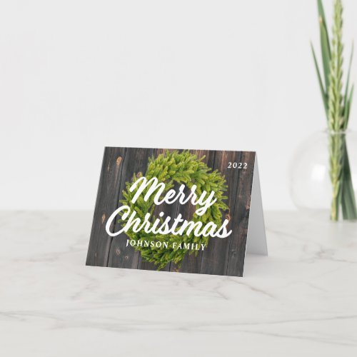 Merry Christmas Country Rustic Pine Wreath Wood Holiday Card